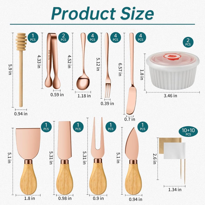 ELIMTEC Charcuterie Boards Accessories Bowls with Lids, Cheese Butter Spreader Knife Set Mini Serving Tongs, Forks, Spoons,Dipping Bowls, Toothpick Flags, Honey Dippers For Party Platter Making (Rose Gold) - Image 2